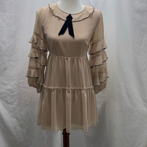 For Love & Lemons Souffle tiered ruffle dress pink/nude black Sz S Worn 1x - Picture 4 of 13